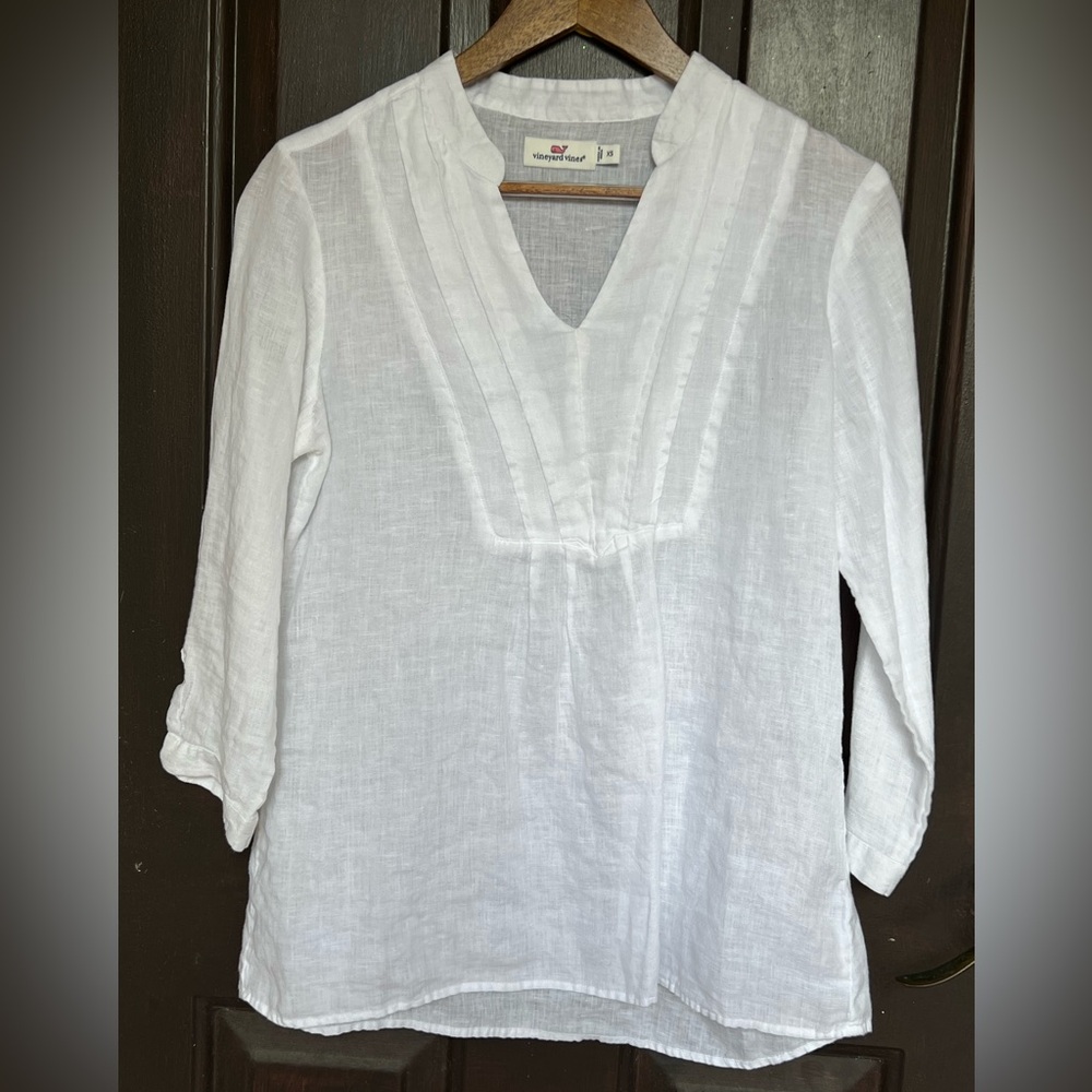 Vineyard Vines 100% Linen V-Neck Tunic Top White 3/4 Sleeve Lightweight Size XS